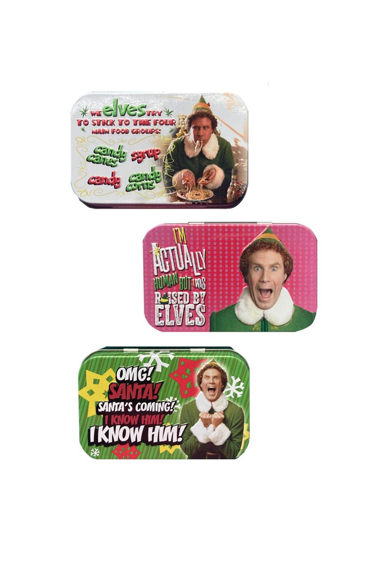 Three Christmas-themed tins featuring characters from a popular movie with humorous quotes