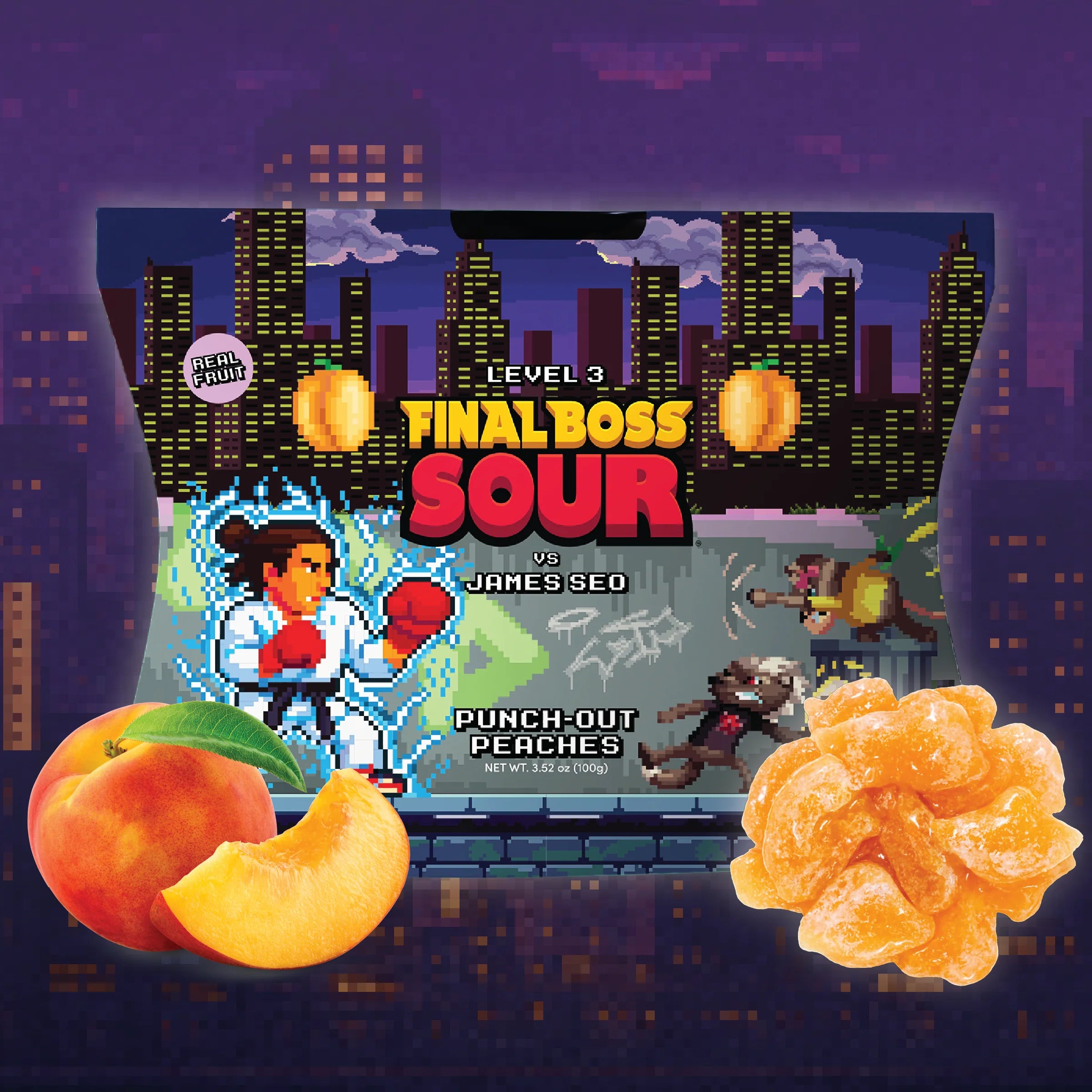 Sour candy package with video game design, peaches, and popcorn on a cityscape background