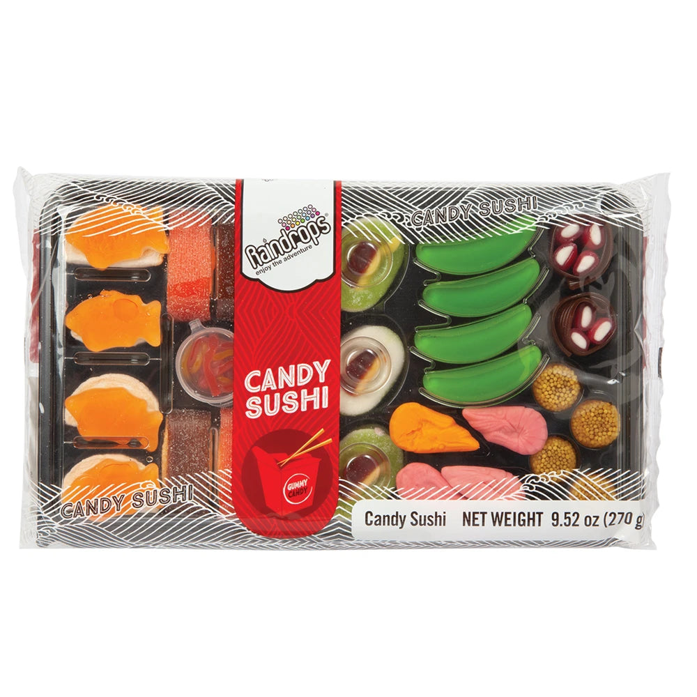 Packaged candy sushi with colorful pieces on a white background