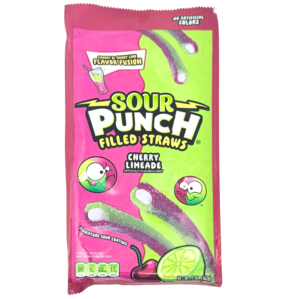 Sour Punch Filled Straws packaging with pink and green design on a white background