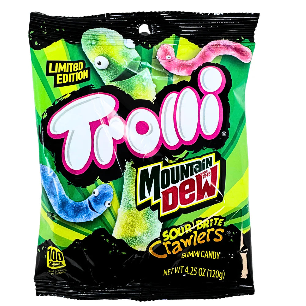 Trolli Mountain Dew Sour Brite Crawlers gummy candy package on a white background