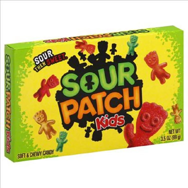 Three-quarter view of Sour Patch Kids 3.5 oz box with bright yellow packaging, large “Sour Patch” logo, and colorful gummy kid characters
