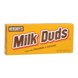 Front view of 5 oz Milk Duds box with yellow packaging, Hershey’s logo and “made with chocolate & caramel” on white background