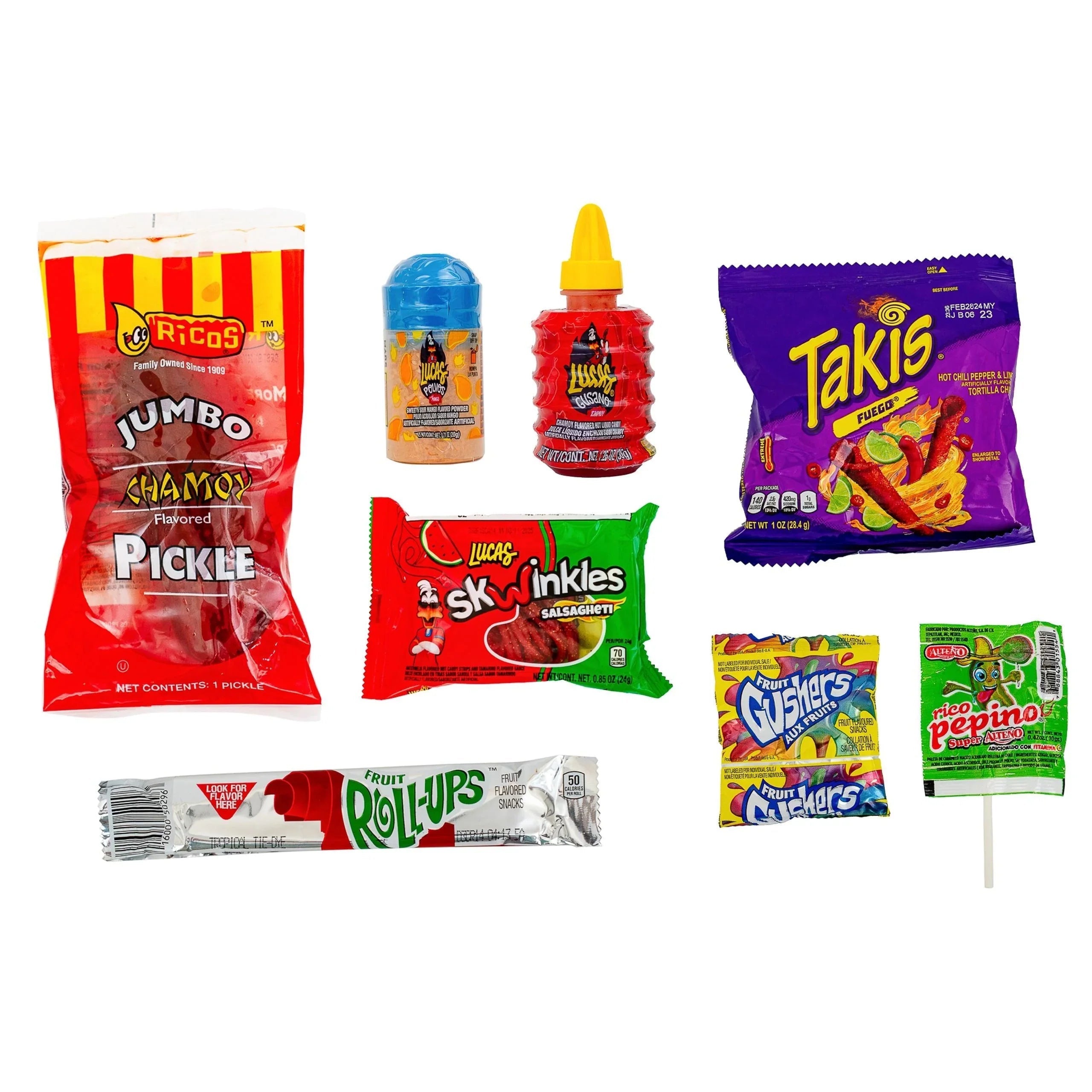 Front-facing view of assorted Mexican candy packages showcasing Takis, Ricos, Lucas and Skwinkles branding on white background