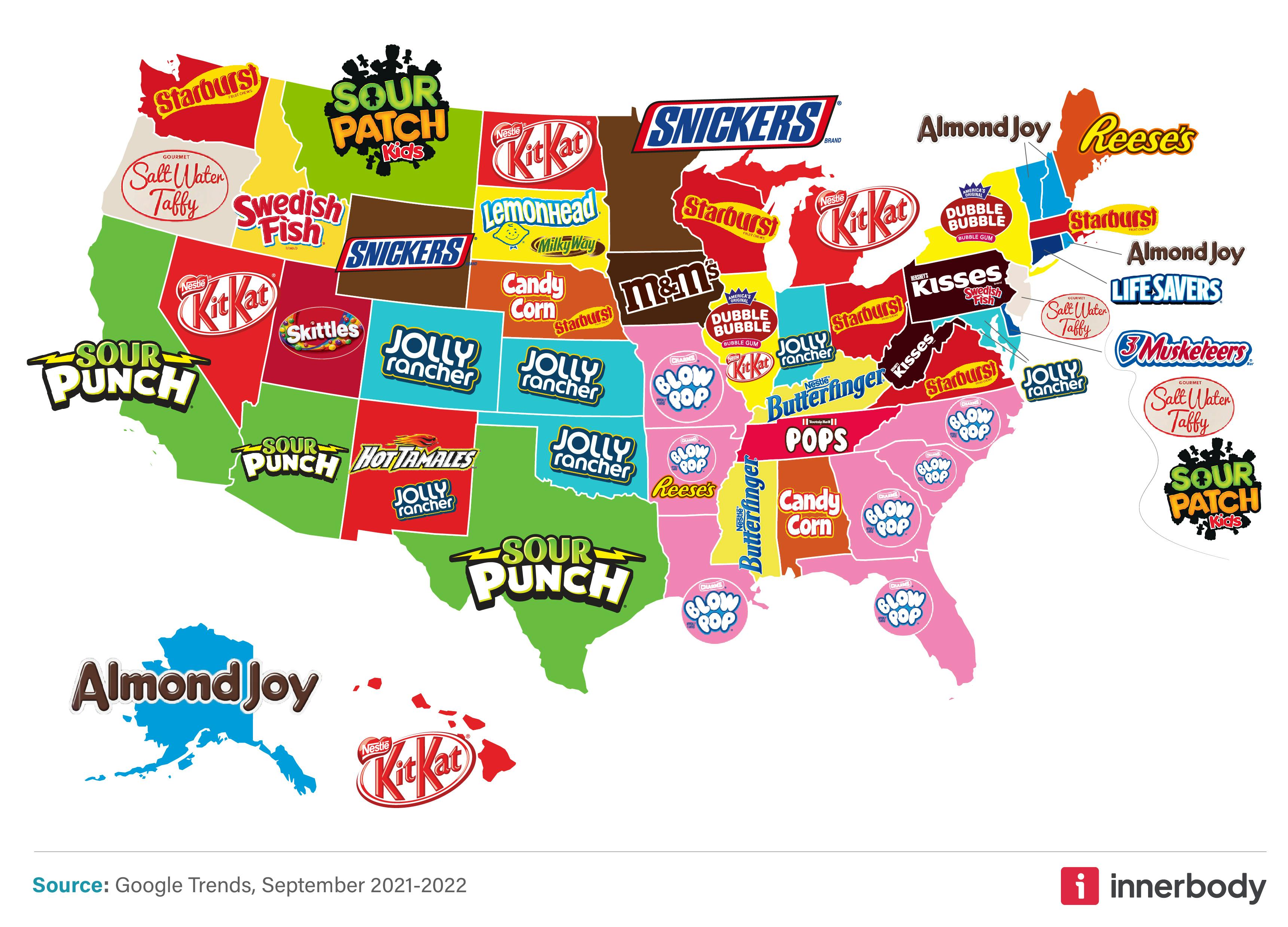 Map showing the most popular candy in each U.S. state based on Google Trends (Sept 2021–2022)