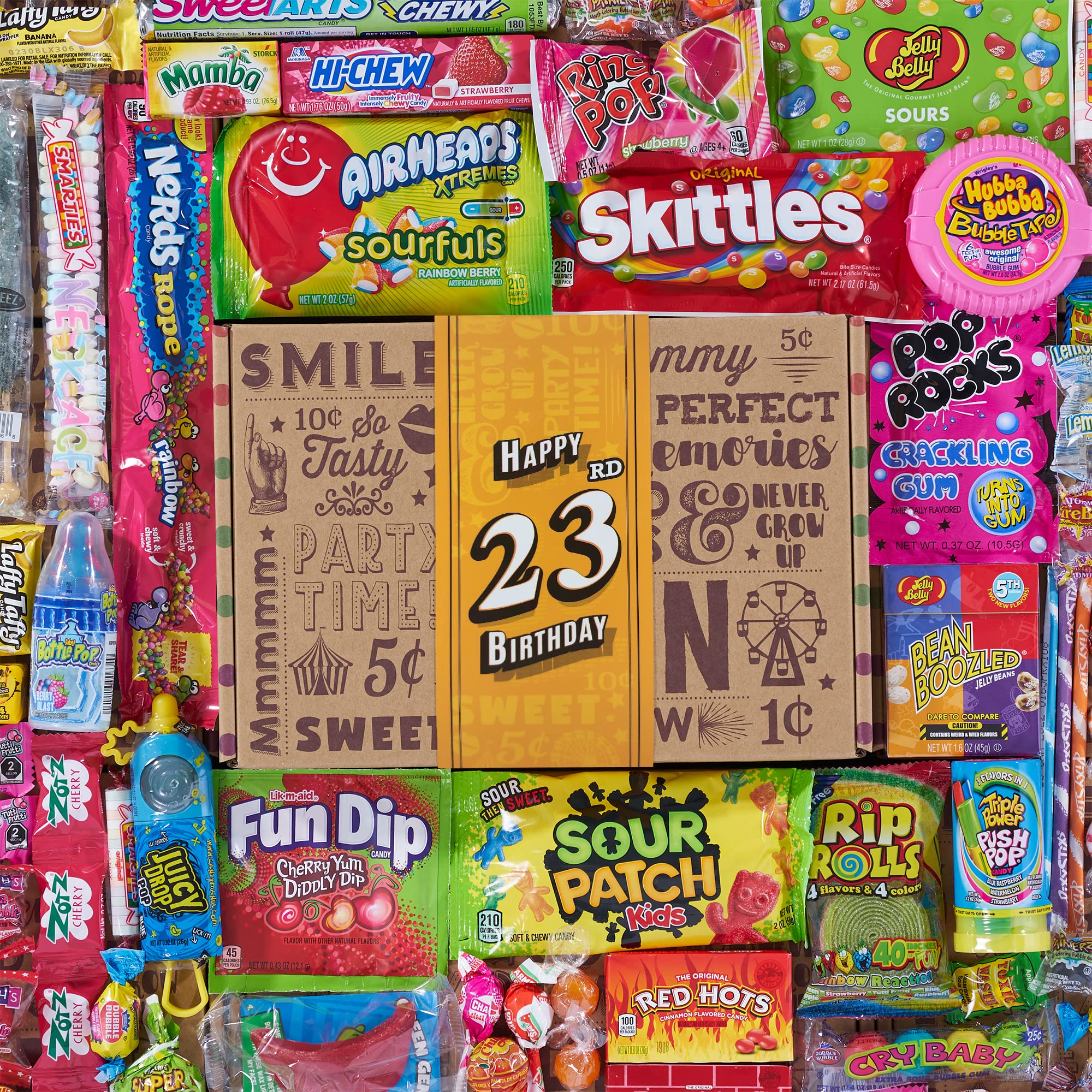 Flat lay of a Pick-and-Mix box of nostalgic candy with a central ‘Happy 23rd Birthday’ label