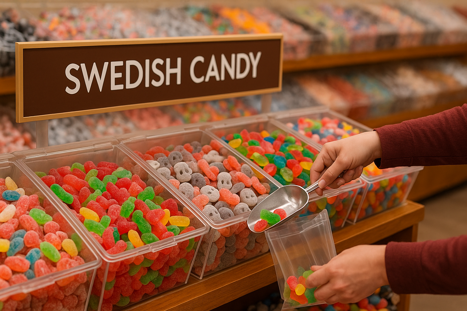 Person scooping Swedish pick-and-mix candy into a clear bag under a sign reading SWEDISH CANDY in a Candycopia store