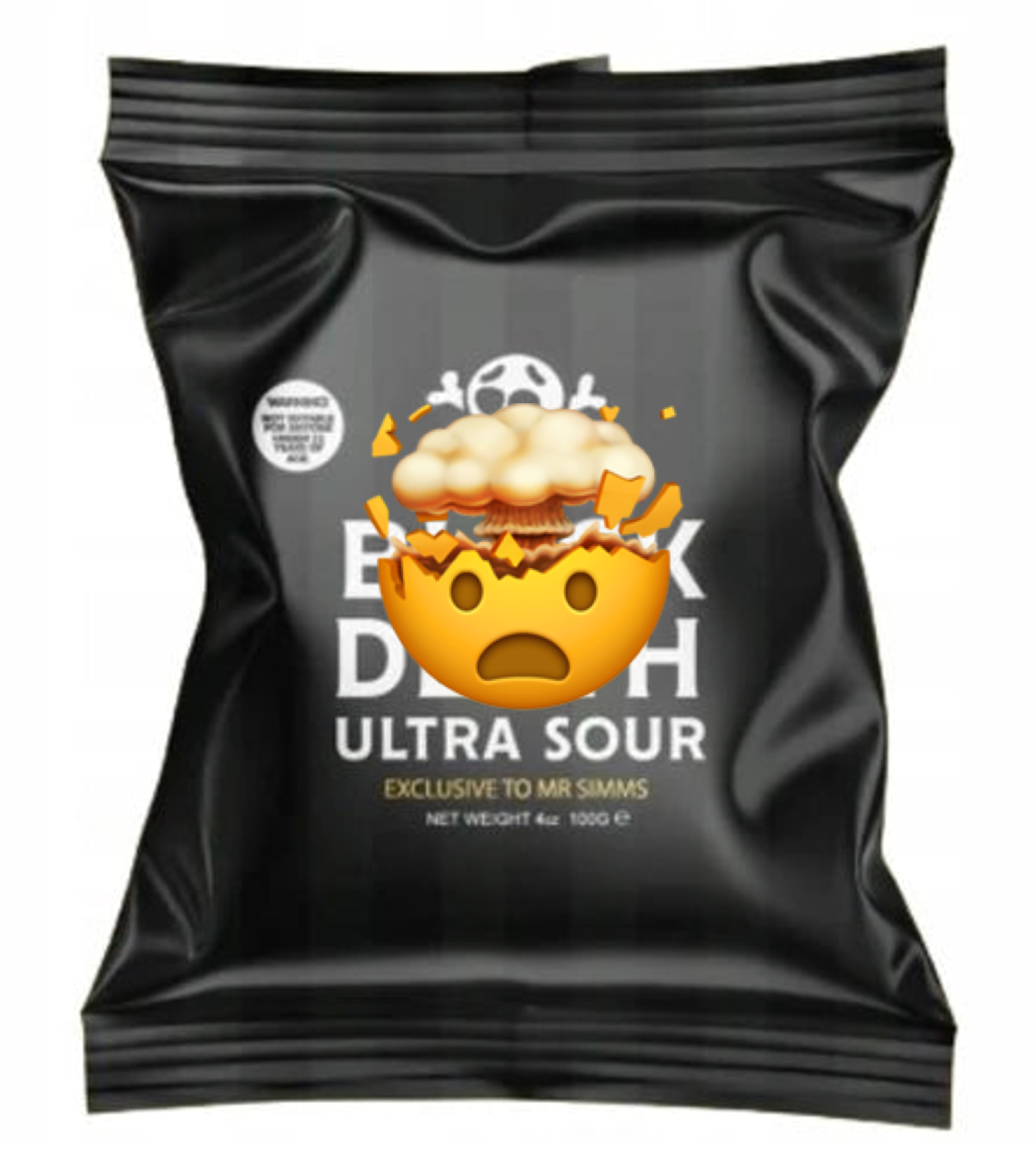 Front of Black Death Ultra Sour snack bag showcasing bold white product title and skull logo on matte black packaging