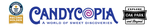 Three logos:  GUINESS WORLD RECORD HOLDER, with a blue circle and trophy image and star inside; and a Candycopia logo in blue font with a whimsical swirl for the "o"; and a black and white "Explore Oak Park and Beyond" logo