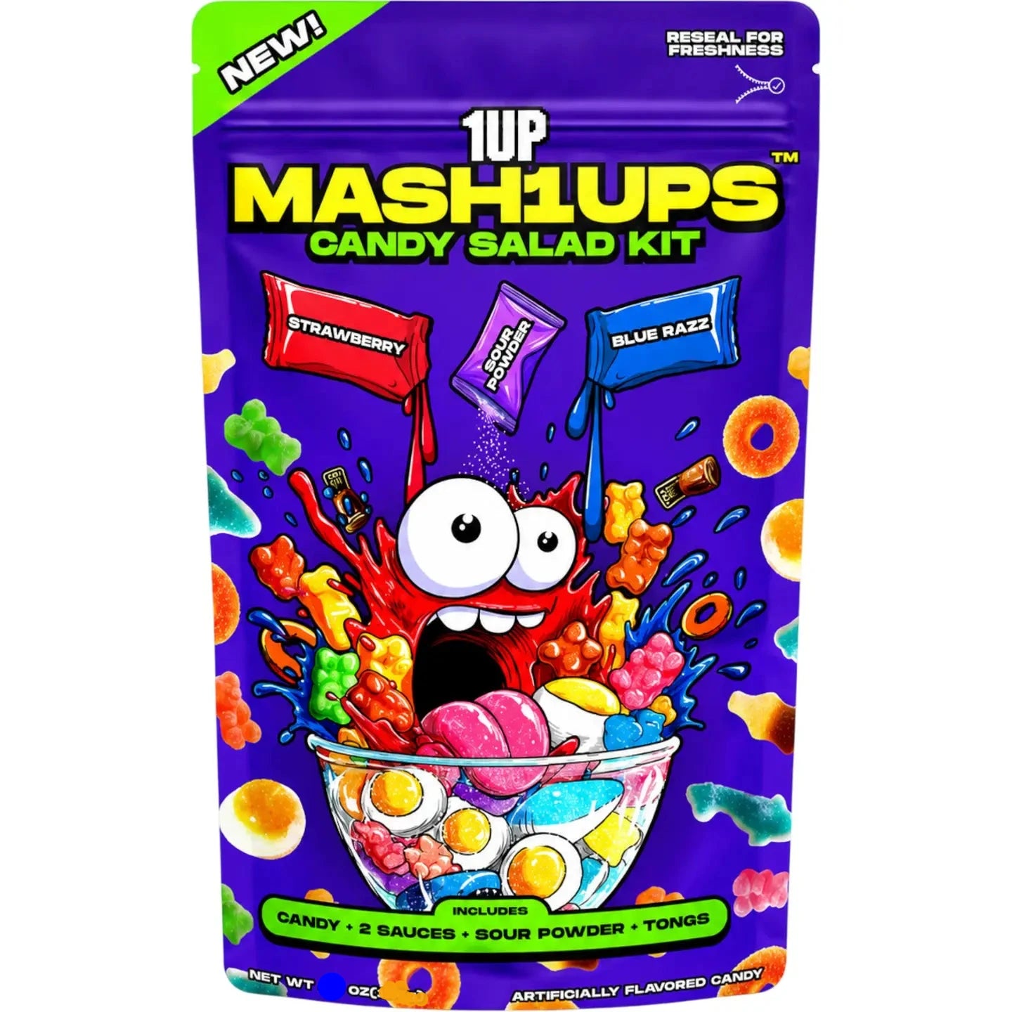 Front of 1UP Mash1up Candy Salad Kit pouch with colorful candy-salad illustration and bold ‘Mash1ups’ branding on purple background