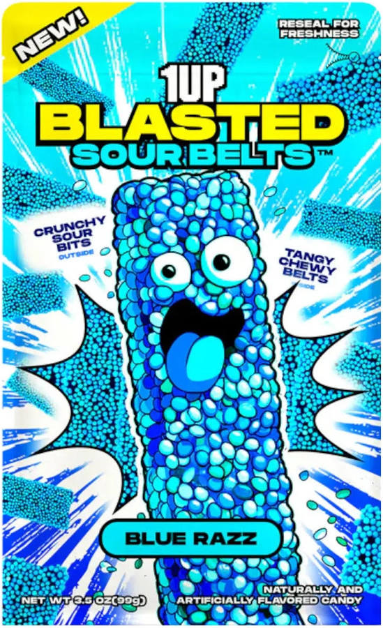 Front of 1UP Blasted Sour Belts Blue Razz package with blue gummy mascot and crunchy sour bits on comic-style blue burst background