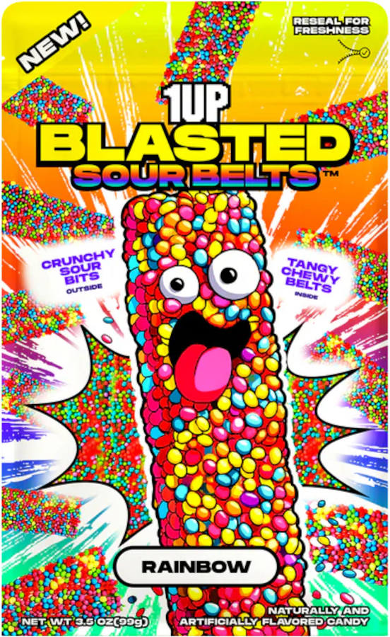 Front packaging artwork for 1UP Blasted Sour Belts Rainbow candy, featuring a colorful, cartoon-style sour belt character made of multicolored candies, with bold yellow title text and comic-style burst backgrounds