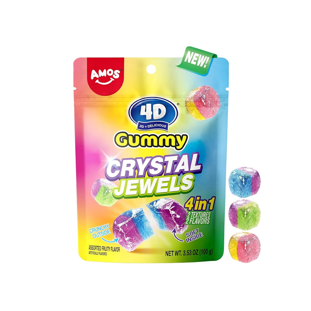 A package of Amos 4D Cummy Crystal Jewels candy on a plain white background, with three loose colorful crystal candies displayed to the right of the bag