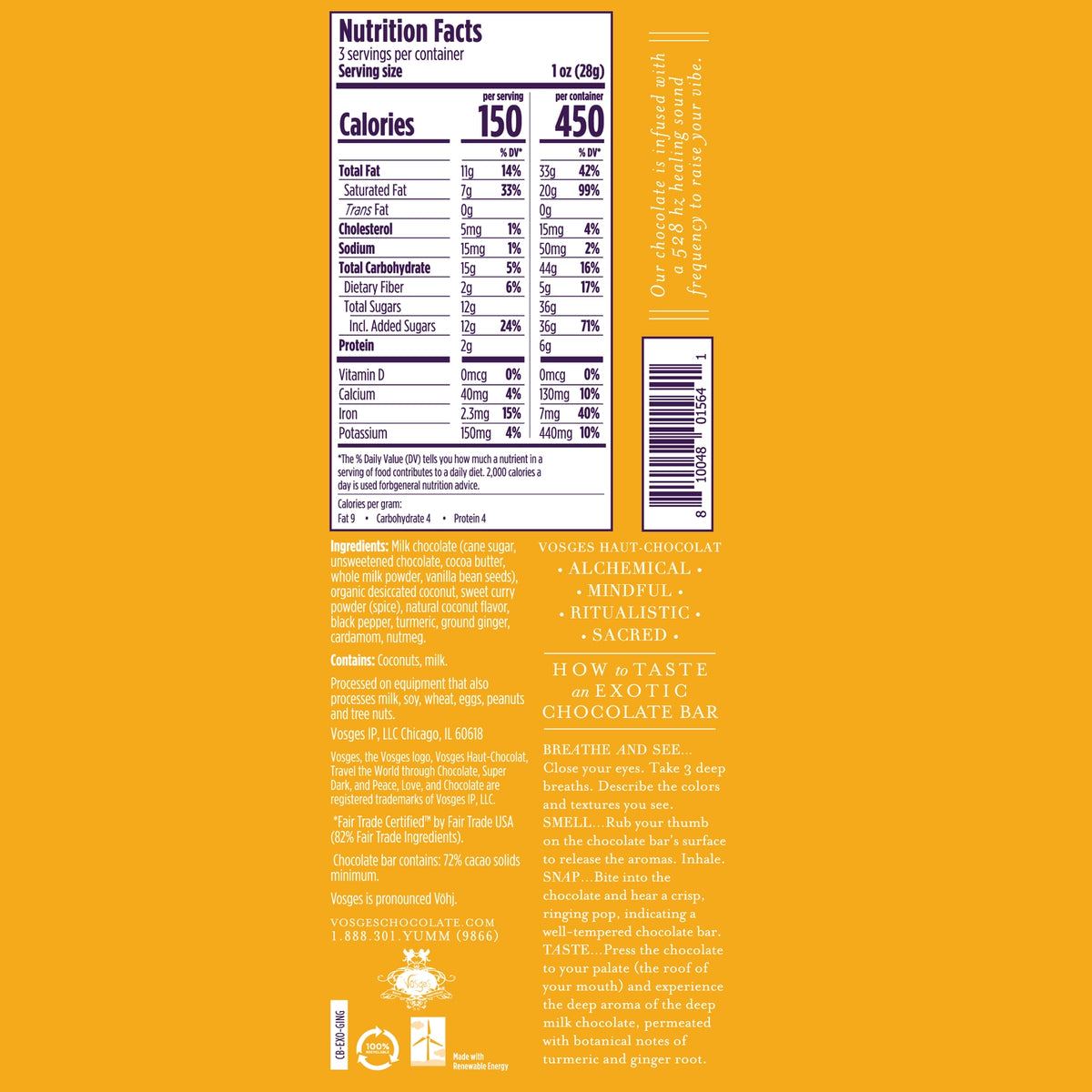Nutrition facts and ingredients for Vosges Turmeric Ginger milk chocolate bar, infused with 528 Hz healing sound frequency