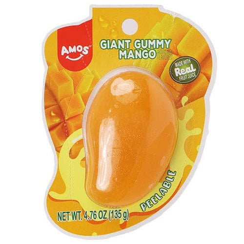 Giant gummy mango in its packaging with 'Amos' branding on a white background