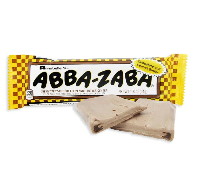 ABBA-ZABA candy bar with a yellow and brown wrapper on a white background