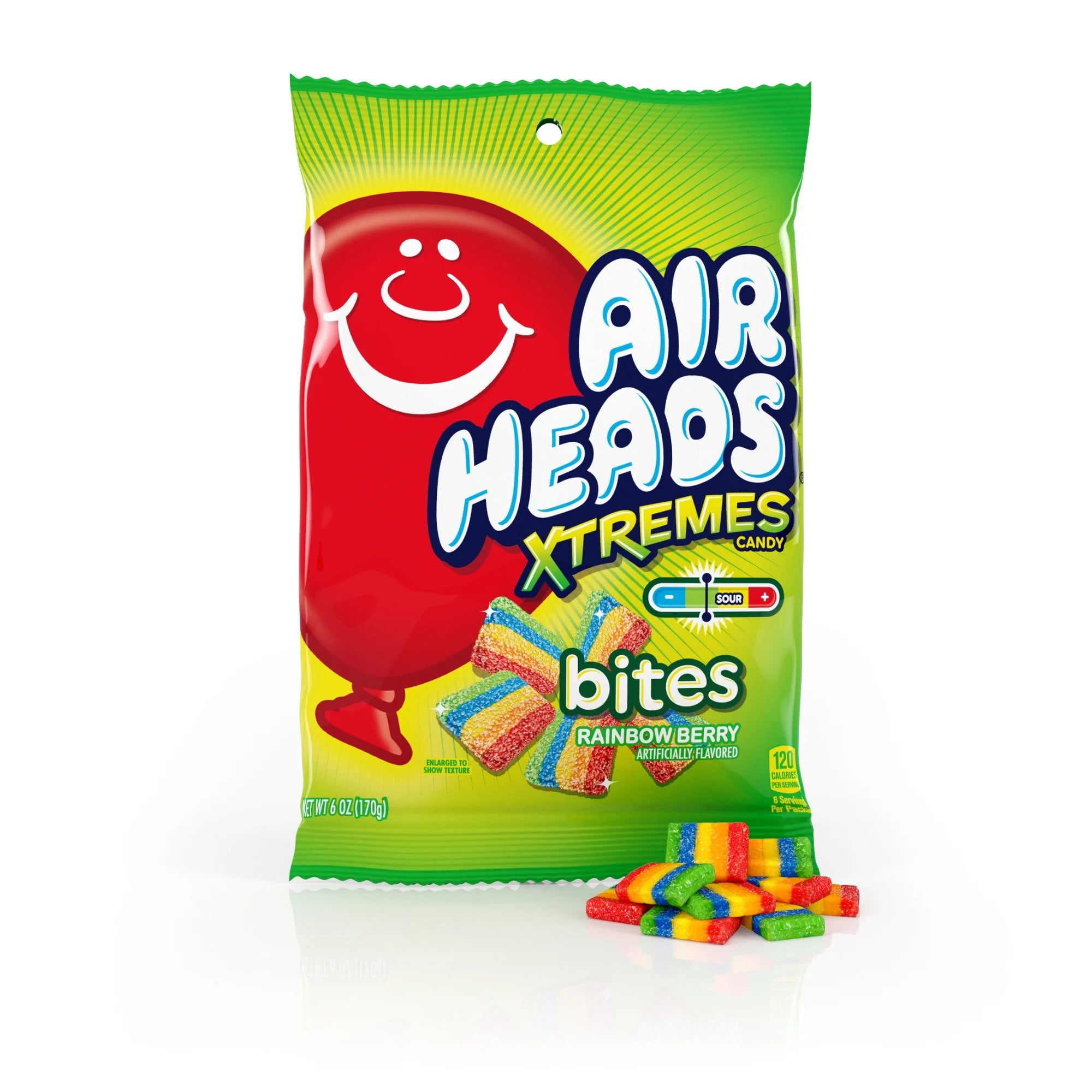 Front of Airheads Rainbow Berry Xtremes 6oz resealable bag with sugar coated rainbow berry bites on white background