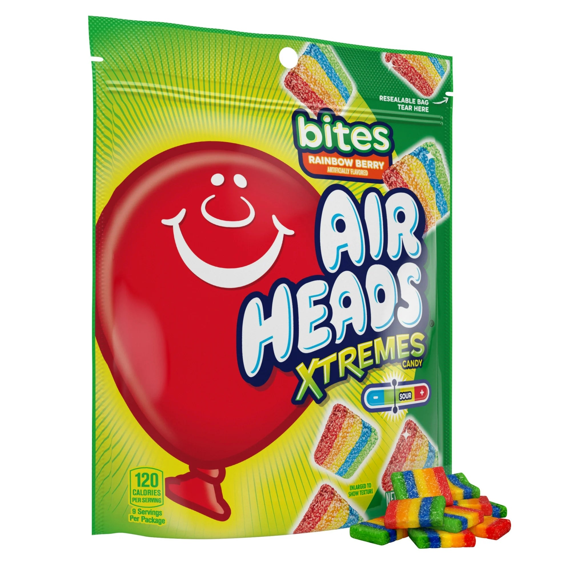 Airheads Xtremes candy package with a red balloon and colorful gummy bears on a white background