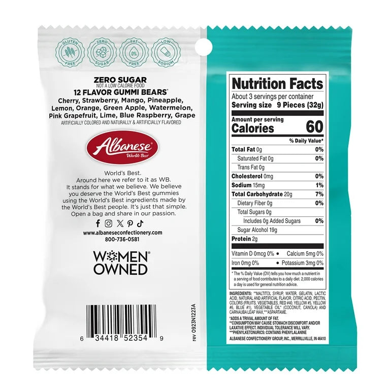 Albanese gummy bears package with nutrition facts and branding details