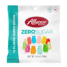 Albanese Zero Sugar gummy bears package on a white background