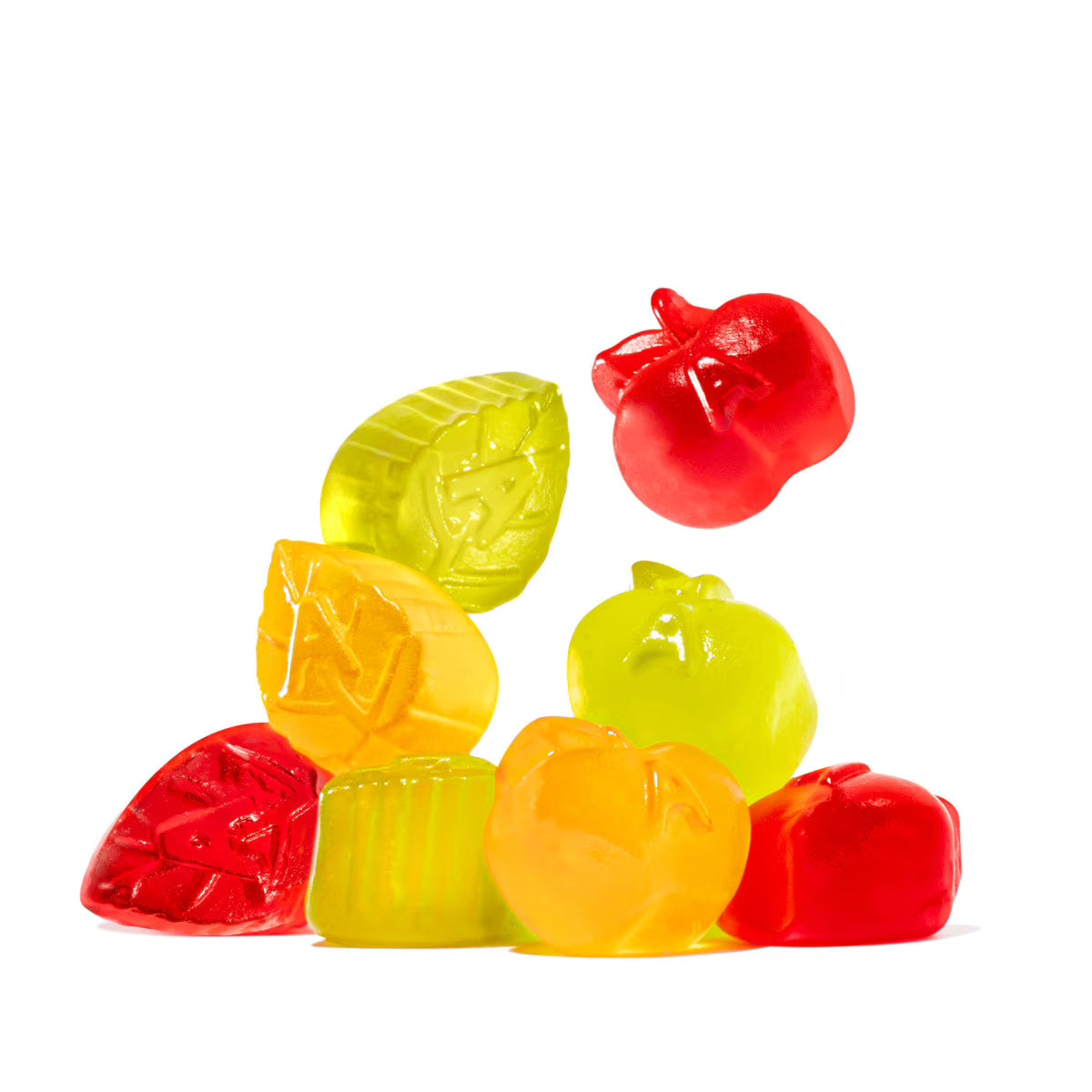 Front view of Apple Orchard Medley gummies showcasing assorted apple shapes and colors with a white background