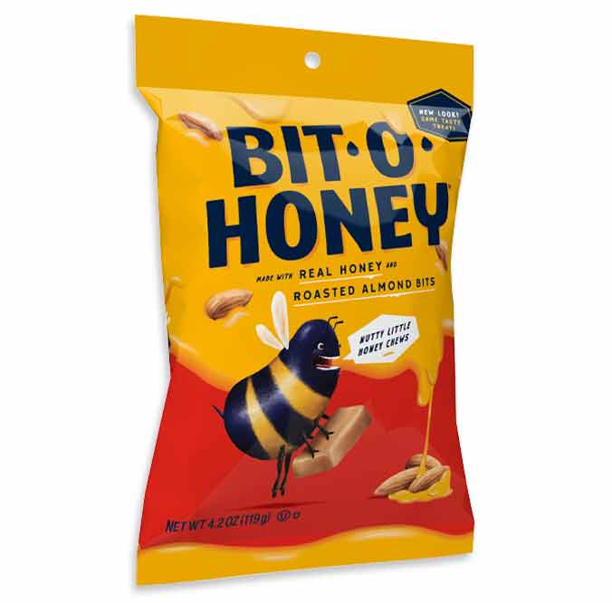 Bit-O-Honey snack package with a bee illustration on a yellow and red background