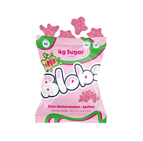 Pink packaging of gummy watermelon lychee candy with sugar information on a white background