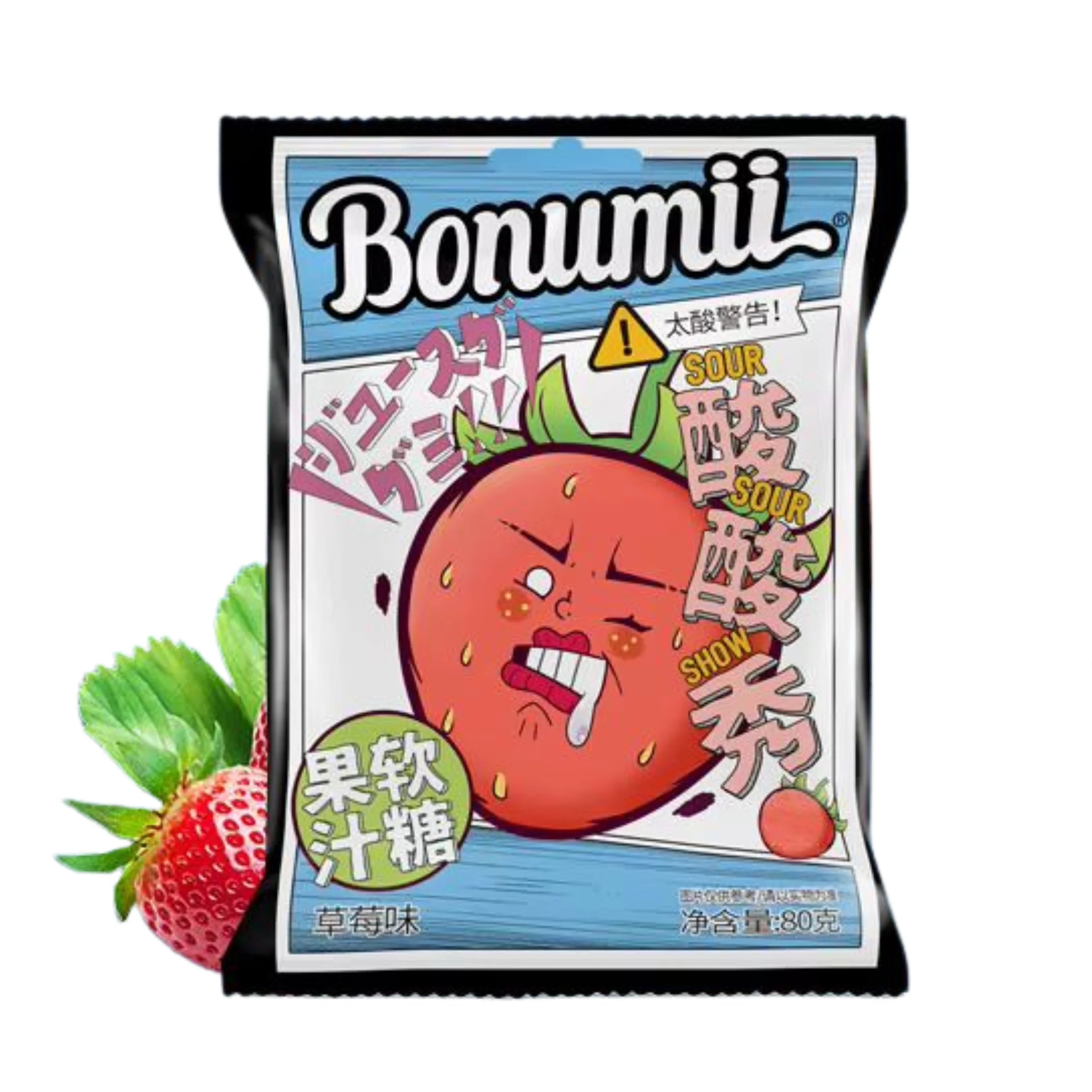 Bonumii candy package with a cartoon strawberry character on a white background