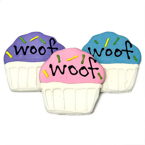 Three cupcake-shaped dog toys with 'woof' text on a white background