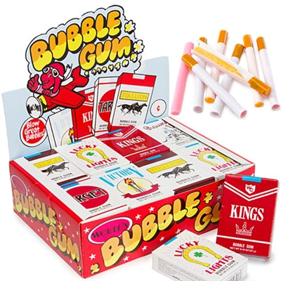 Box of bubble gum with individual packs and a display stand
