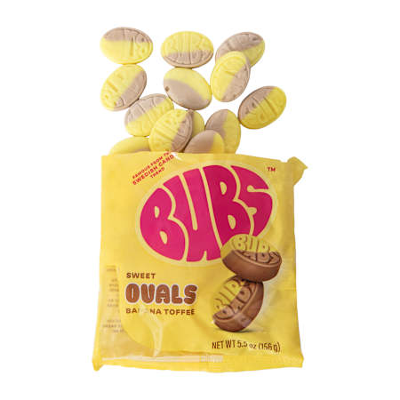 Bag of Bubs Sweet Ovals Banana Toffee on a white background
