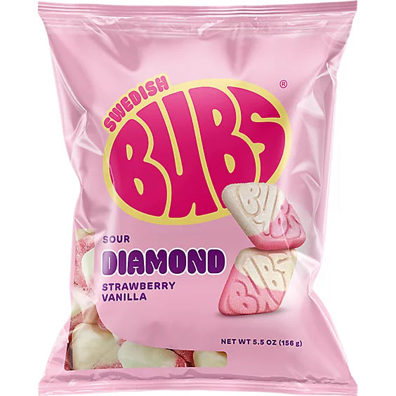 Pink package of Swedish Bubs Sour Diamond Strawberry Vanilla candy