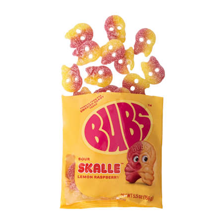 Yellow package of Sour Skalle Lemon Raspberry Bubs gummy candies on a white background