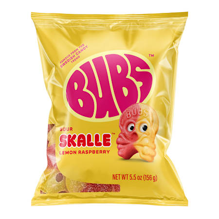 Yellow package of Sour Skalle Lemon Raspberry Bubs candy on a white background