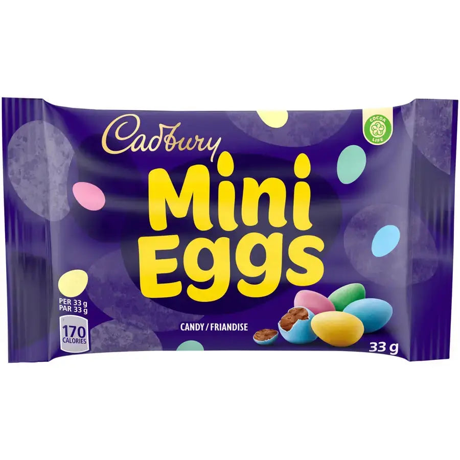 Cadbury Mini Eggs packaging with colorful eggs on a white background