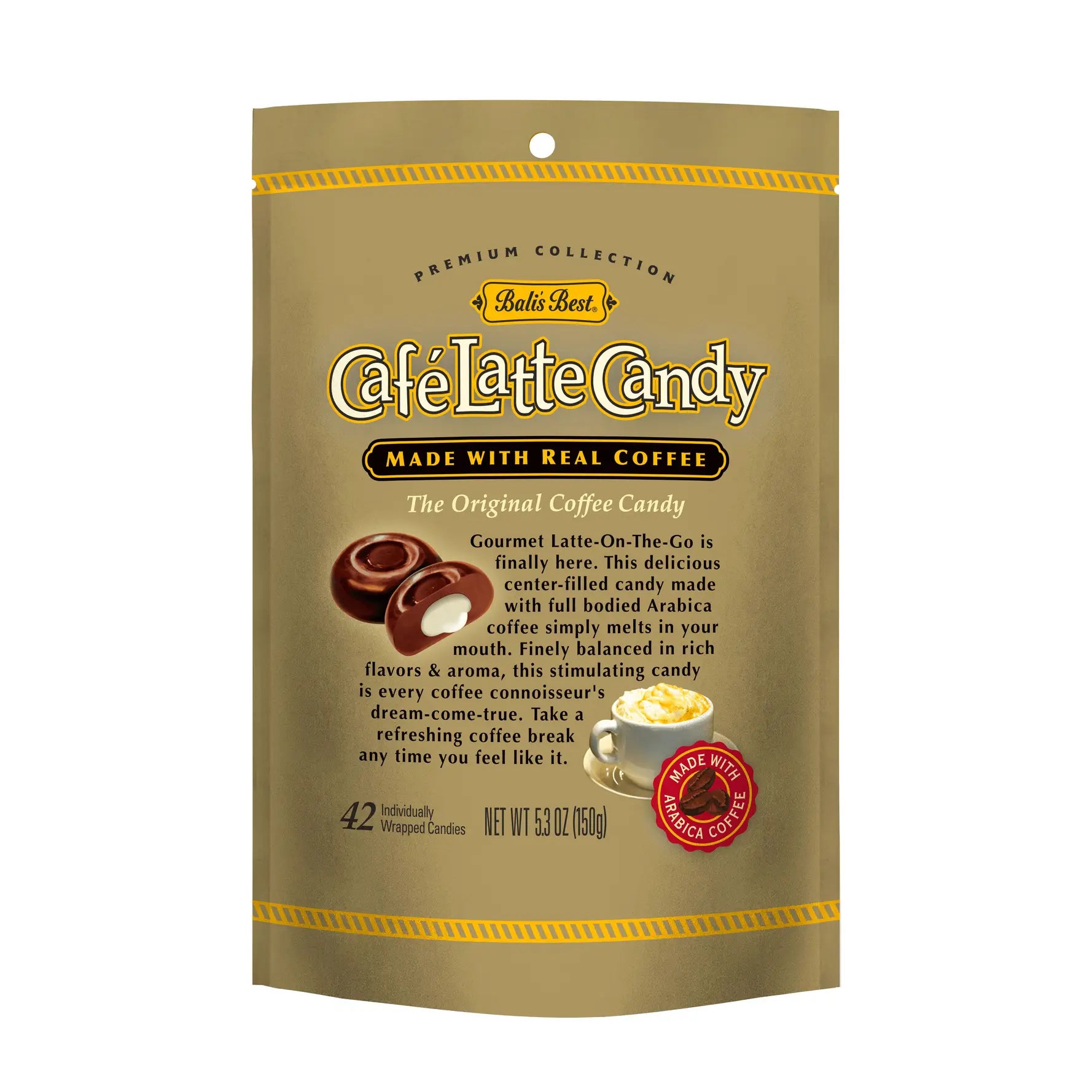 Café Latte Candy packaging with gold and brown design on a white background