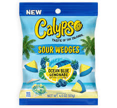 A bag of Calypso Sour Wedges Ocean Blue Lemonade candy, featuring a bright blue and yellow design with illustrations of lemons, limes, and blueberries