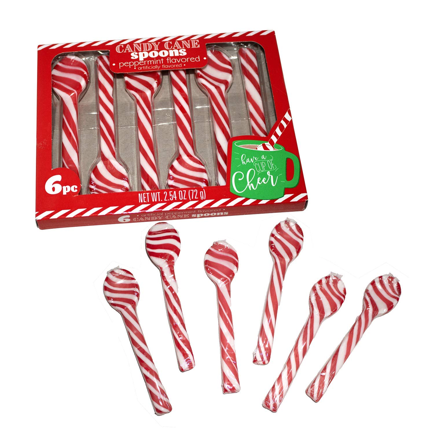 Packaged candy cane spoons with a red box on a white background
