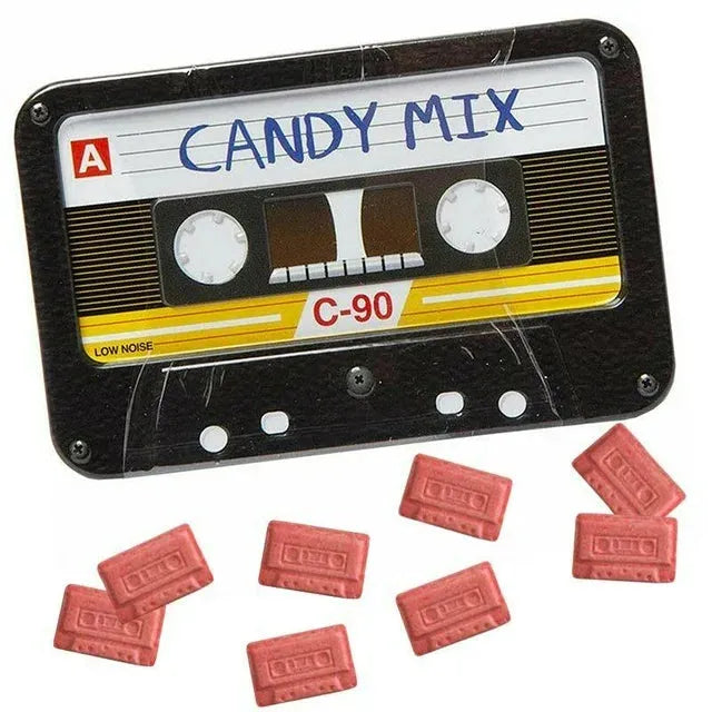 Cassette tape-shaped candy box with red candy bars on a white background