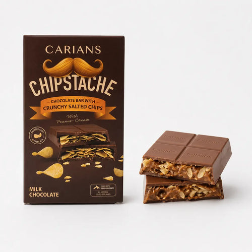 Carians Chipstache chocolate bar packaging with a piece of chocolate bar on a white background