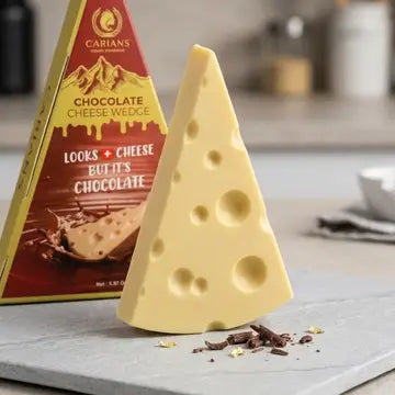 Triangle-shaped cheese wedge with a Cariadns packaging on a kitchen counter