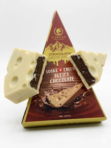 Chocolate cheese wedge with packaging on a white background