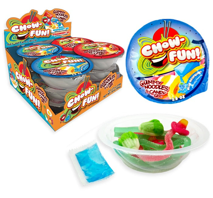Chow Fun! gummy noodles and candy gel packaging and product display