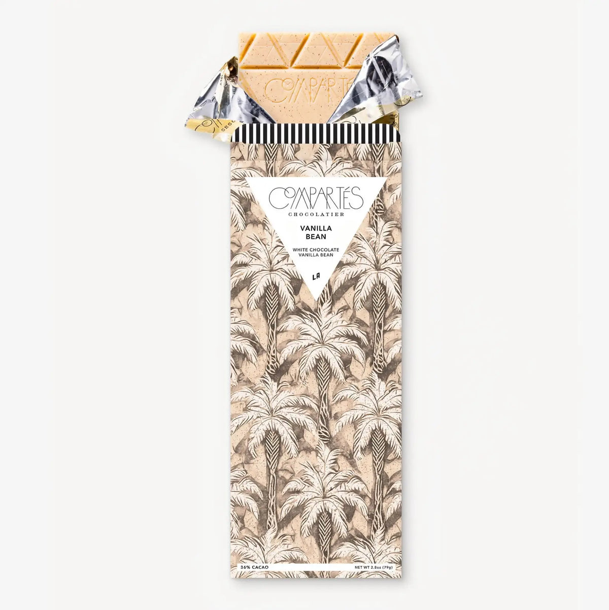 Front view of Compartes Vanilla Bean white chocolate bar showcasing opened wrapper and exposed bar on white background