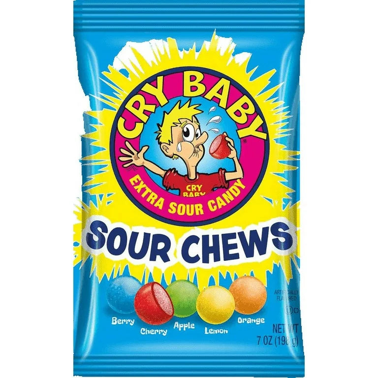 Cry Baby Sour Chews candy package with colorful design and character illustration