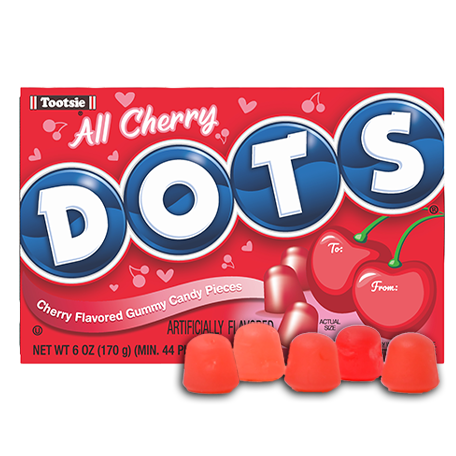 Packaging of Tootsie All Cherry Dots gummy candy with red and blue design