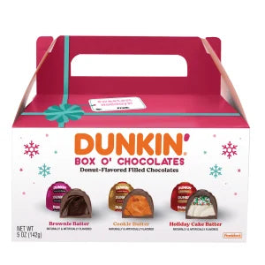 Dunkin' Box o' Chocolates packaging with a pink box and colorful labels