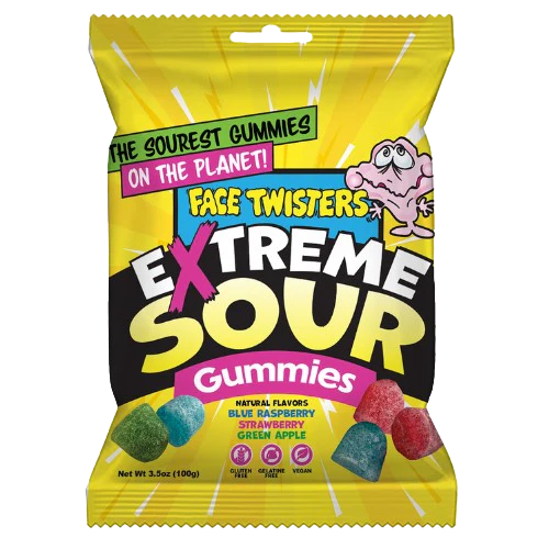 Packaging of Face Twisters Extreme Sour Gummies with colorful design and text
