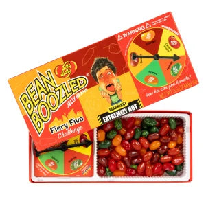 A box of Jelly Belly 'Bean Boozled' Extreme Hot jelly beans, showing the branded retail packaging and a tray of mixed red, orange, yellow, and green jelly beans