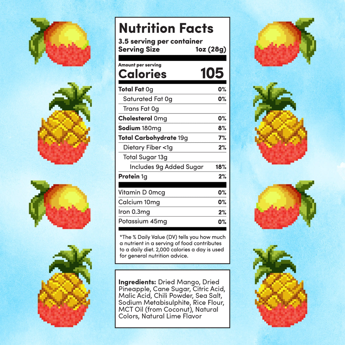 Nutrition facts and ingredients for Final Boss Chili Limon Mangos and Pineapples, including 105 calories per serving